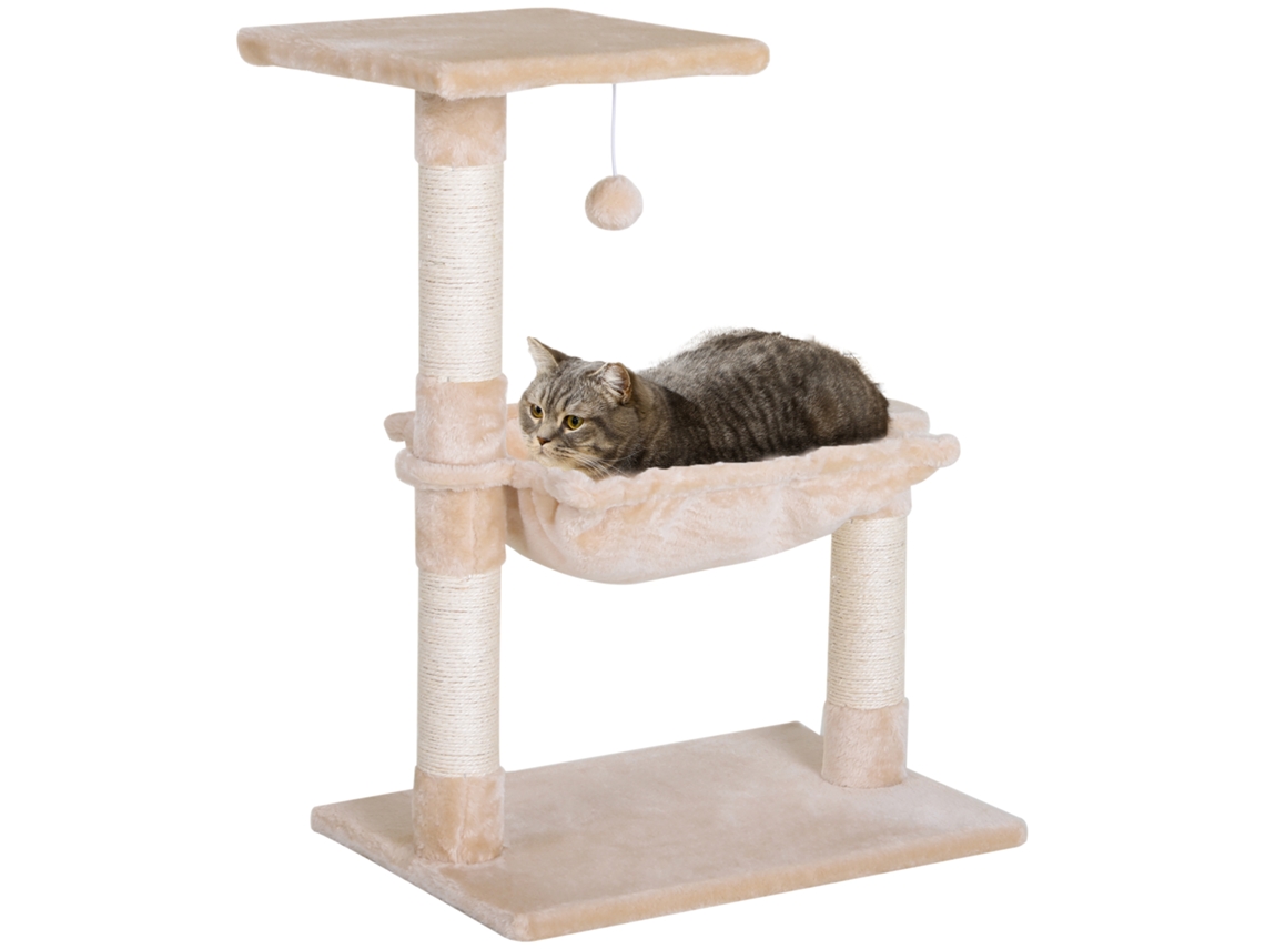 Árvore de Arranhador de Gatos Multinível , Brinquedo de Gato com Rede e Bola Pendurada em Madeira e Pelúcia, 50x36x70cm, Bege Ge