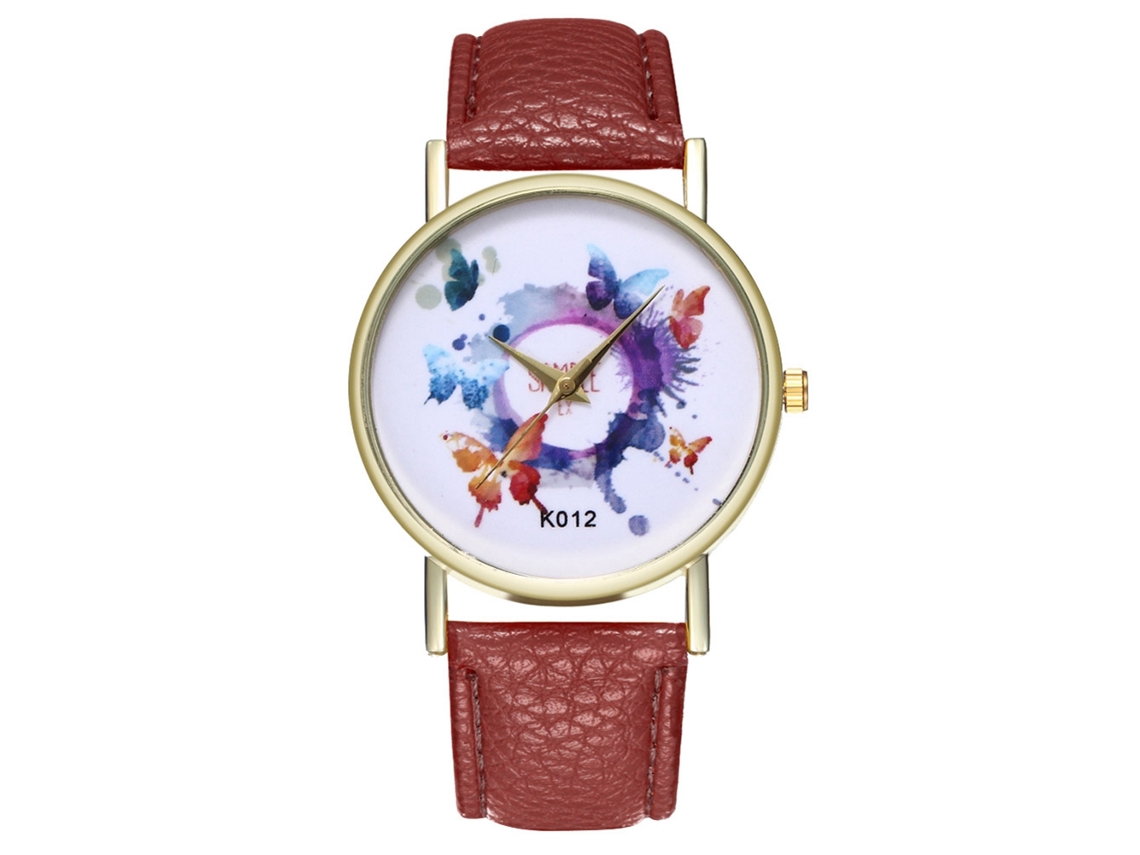 Relógio de Quartzo com Pulseira de Couro Padrão de Borboletas Coloridas para Mulheres (café)