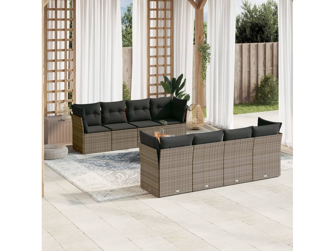 Vidaxl 9 Pcs Conjunto Sofás P/ Jardim Com Almofadões Vime Pe Cinzento