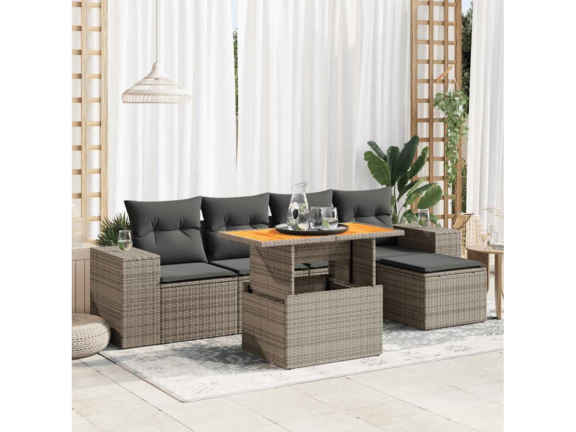 Vidaxl 6 Pcs Conjunto Sofás De Jardim Com Almofadões Vime Cinzento
