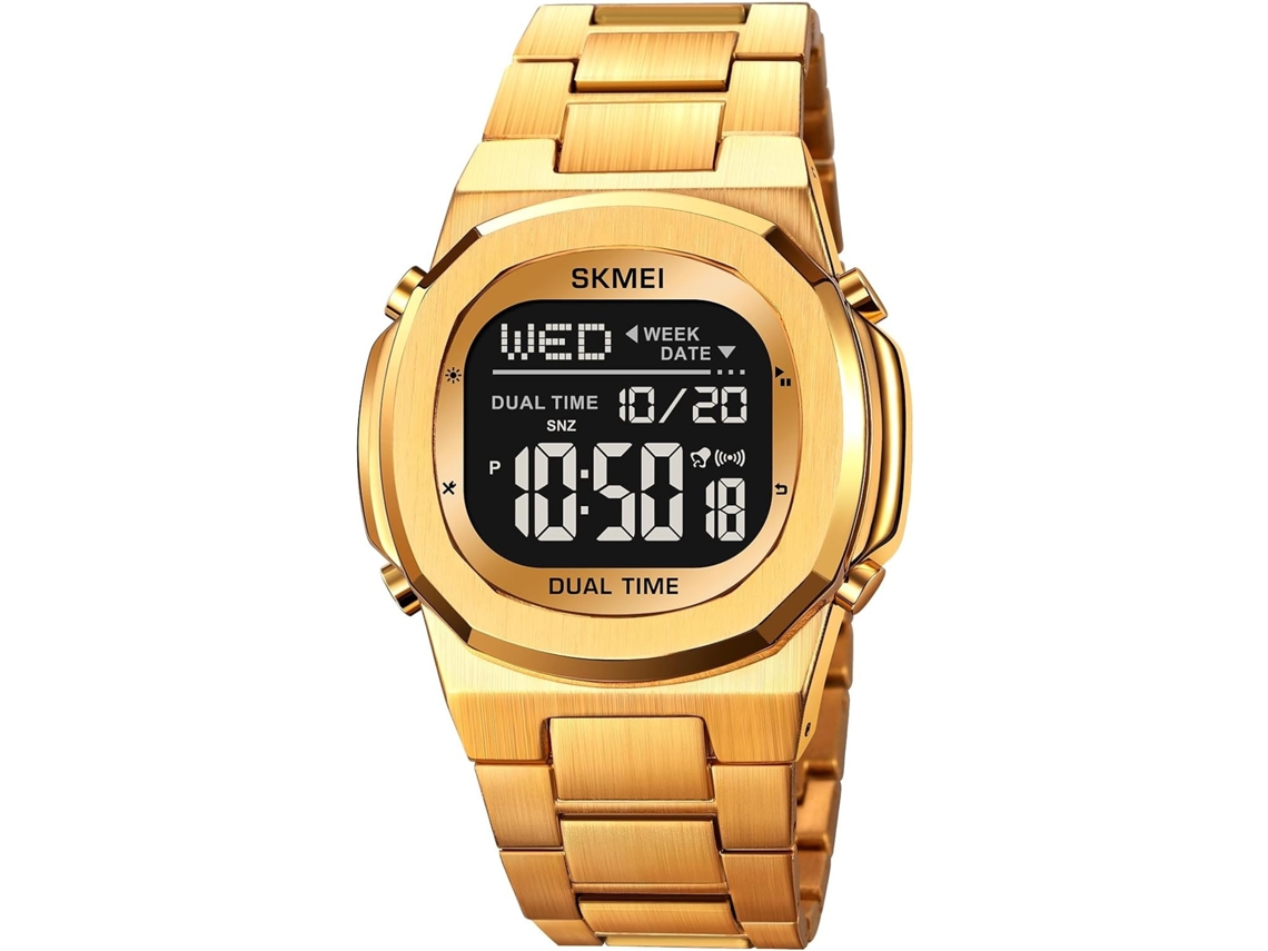Lurelia Relógio Digital Desportivo Unissexo, Calendário, Cronómetro, Alarme, Retroiluminação Led, Aço Inoxidável, 30m, Dourado, Modelo Lx10785