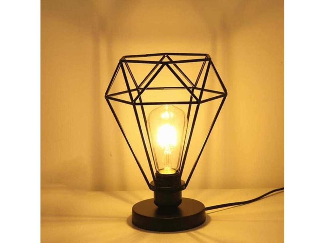 Luminária de mesa moderna com gaiola em formato de diamante, estilo industrial vintage, ideal para cabeceira, com estrutura.