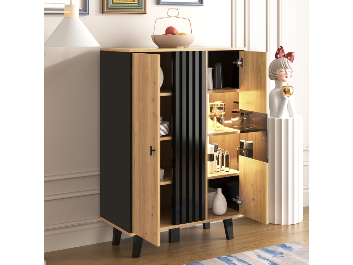 Aparador Vitrine LED de Vidro ZIWEI STORE com Design Exclusivo em Tons Preto e Madeira, Riscas Pretas
