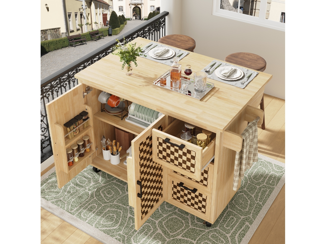 Ilha de cozinha com armário retrátil e carrinho, 2 portas, 3 gavetas, porta-toalhas, design elegante em madeira, PAPRIKA (120x45x92 cm)