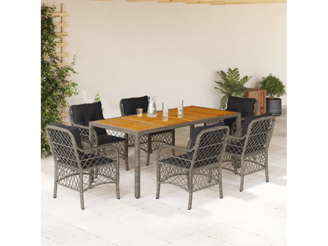 Conjunto 7 Peças Jantar P/ Jardim C/ Almofadões Vime Pe Cinza Dkd Home Decor