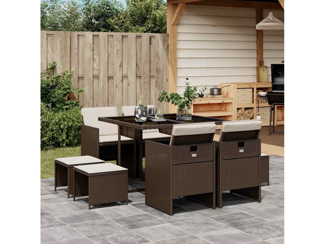 Vidaxl 9 Pcs Conjunto Jantar P/ Jardim C/ Almofadões Vime Pe Castanho