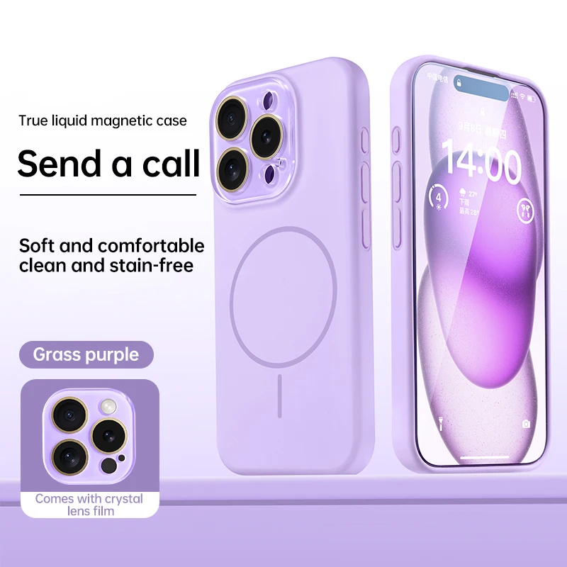 Capa De Celular Magnética De Silicone Líquido (roxa) Para Iphone 15 Pro, Com Proteção Para Lente.