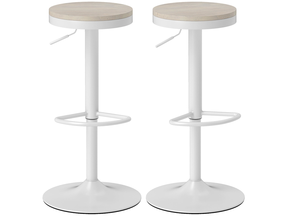 Conjunto de 2 Banquetas Giratórias para Bar com Assento em Madeira de Seringueira, Altura Ajustável e Apoio para os Pés, Brancas. CHEZMOI