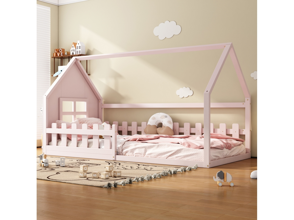 Cama Plana 90x200cm Para Crianças Moldura Rosa