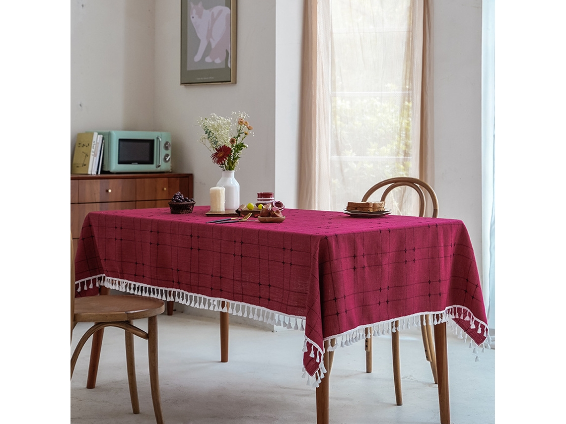 Lurelia Toalha De Mesa Quadrada Algodão Linho Vermelho 140140 Cm Impermeável Lavável Antiderrapante Borlas