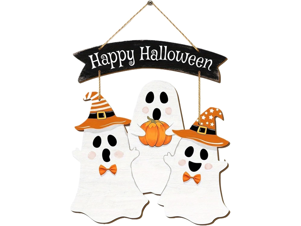 Placa De Porta De Madeira Com Um Fantasma Fofo Para O Halloween |