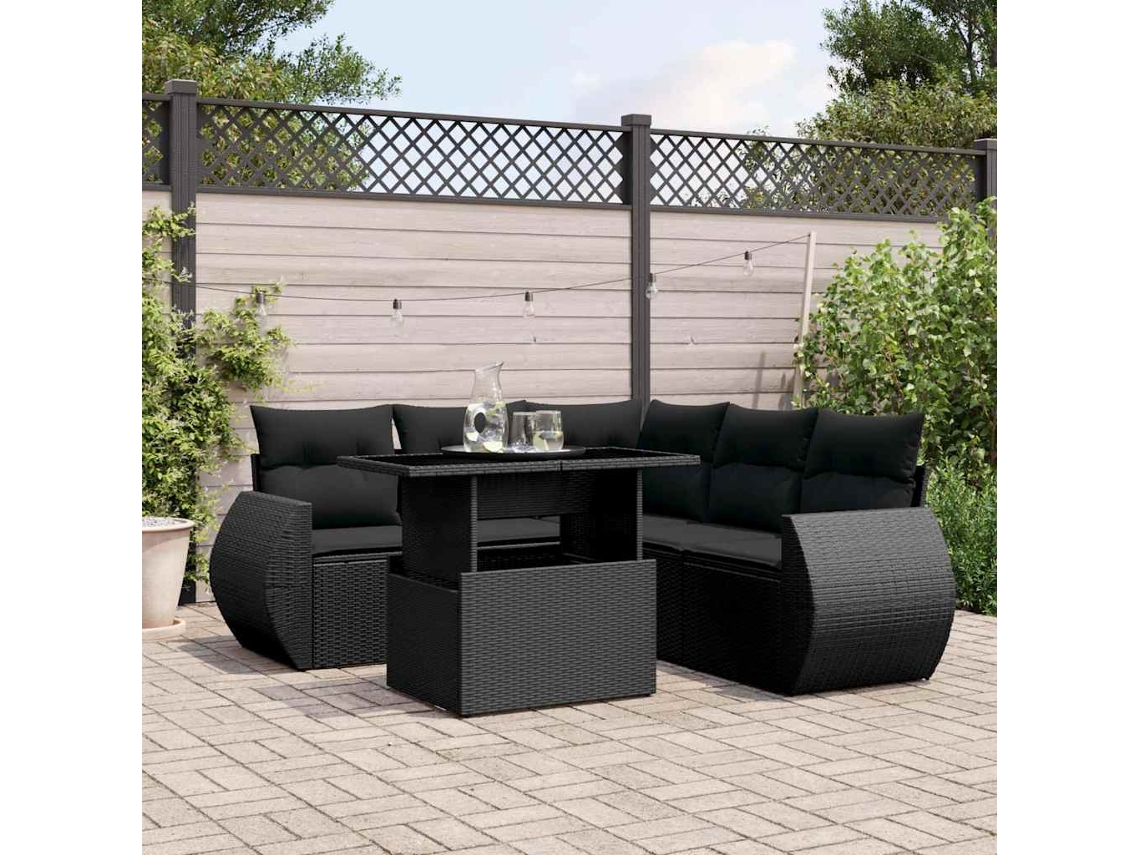 Vidaxl 6 Pcs Conjunto Sofás De Jardim C/ Almofadões Vime Pe Preto