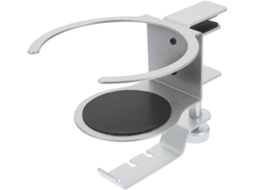 Soporte multifuncional para auriculares de escritorio con clip y portavasos.