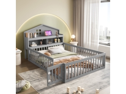Cama Infantil Madeira 140x200 Casinha Prateleiras Grade Porta Cinza