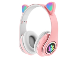 Fones de Ouvido Bluetooth com Lanterna, Design Orelhas de Gato, Microfone, MDUG, Rosa