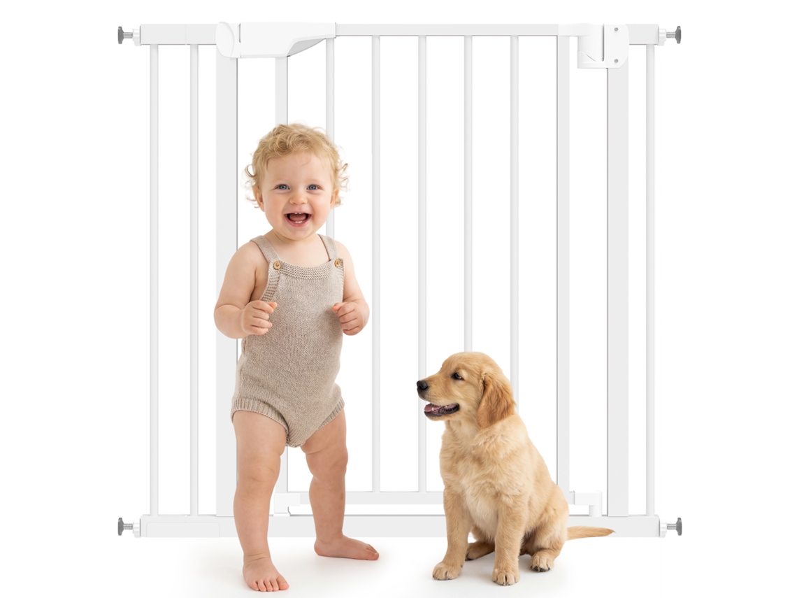 Barreira de Segurança para Crianças e Cães Largura 76 89 Cm Bloqueio Duplo Fecho Automático Abertura em Dois Sentidos e Extensão de 7 Cm Branco Ge