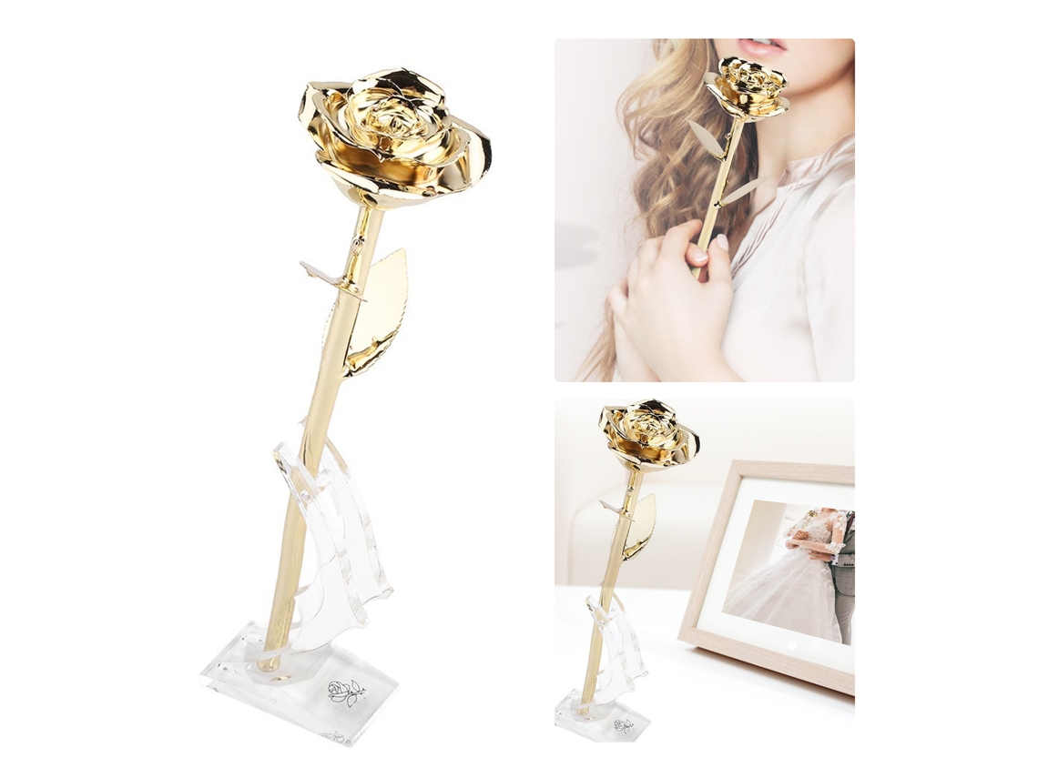 Rosa Real Dorada 24k Con Base Decoración Regalo Para San Valentín Novia