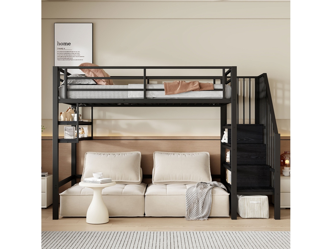 Beliche mezanino 90x200cm com prateleiras, escada de armazenamento, espaço para brincar, grades de segurança, sem colchão preto KOMHTOM