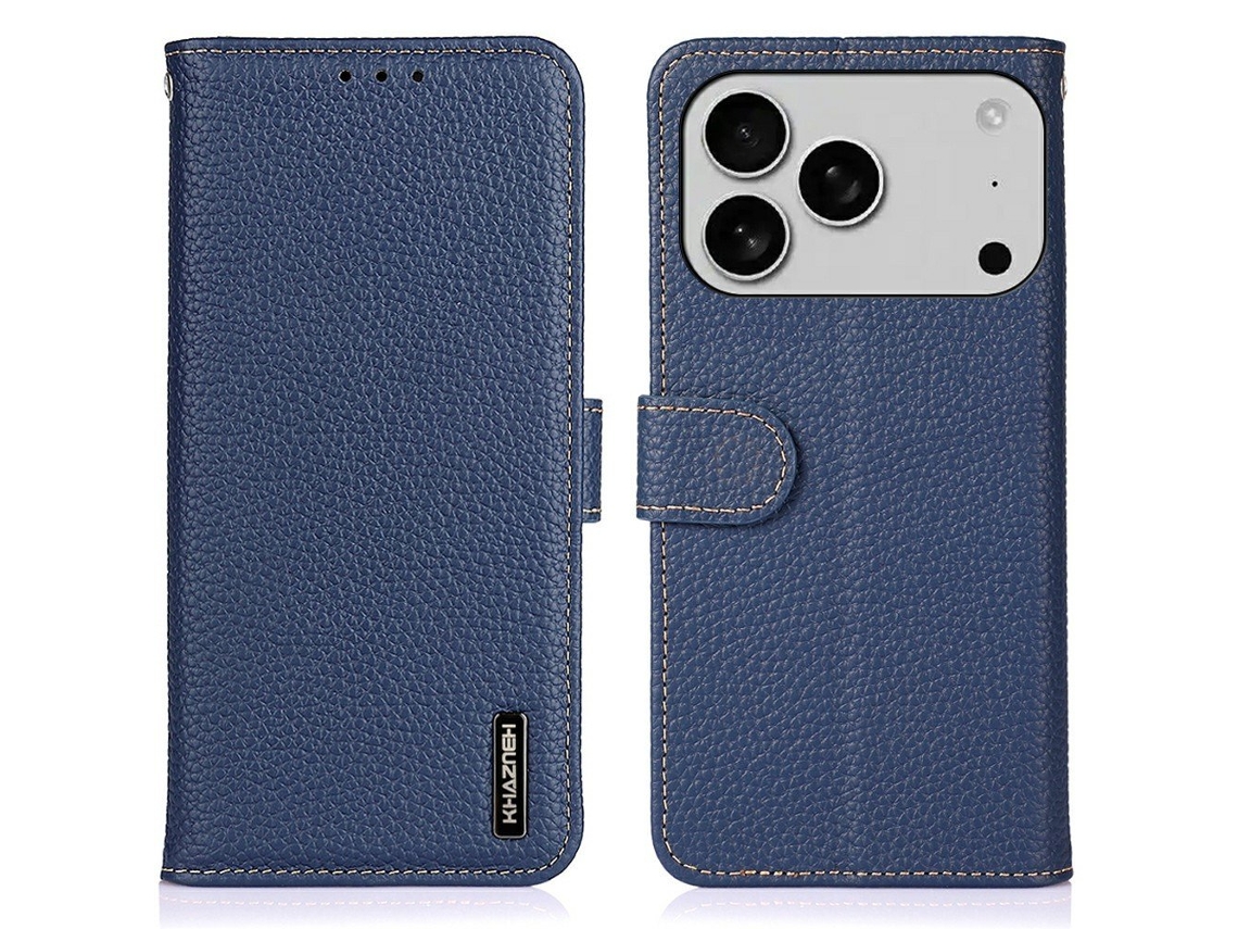 Capa Khazneh Para Iphone 17 Pro Em Couro Genuíno Azul