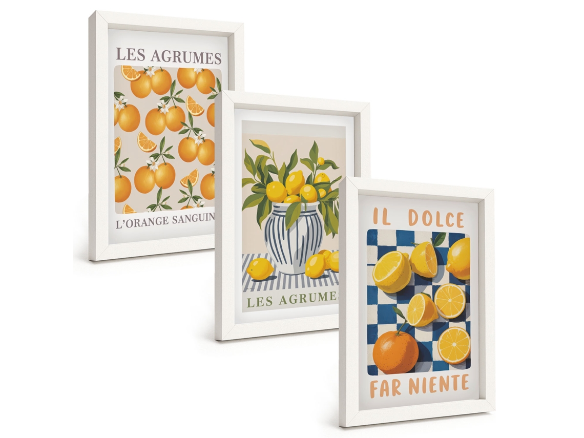 Composição De Quadros Frutas Cítricas Amarelas Retrô Espelharte (3 Peças 20x30 Cm)