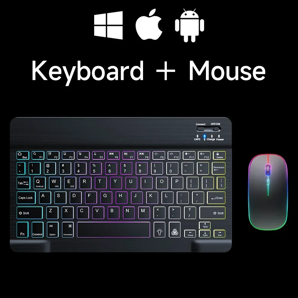 Teclado Bluetooth Rgb Retroiluminado de 10 Polegadas e Mouse Sem Fio Recarregáveis (preto) MDUG (espanhol e Inglês)