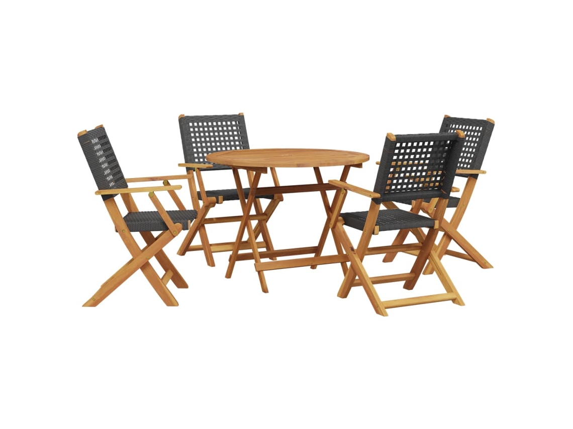 Conjunto 5 de jantar p/ jardim VIDAXL vime PE/madeira maciça preto