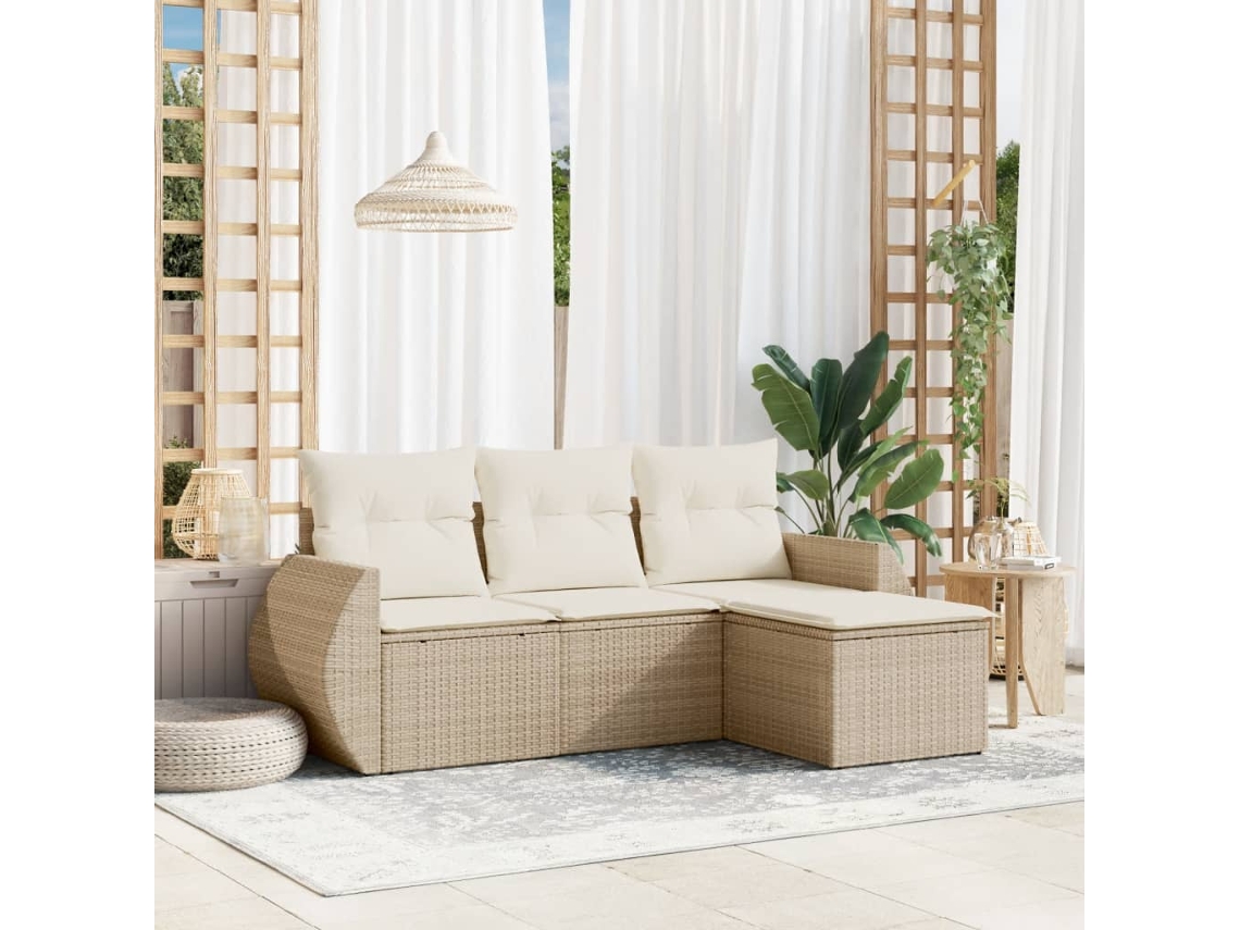 Vidaxl 4 Pcs Conjunto De Sofás Para Jardim C/ Almofadões Vime Pe Bege