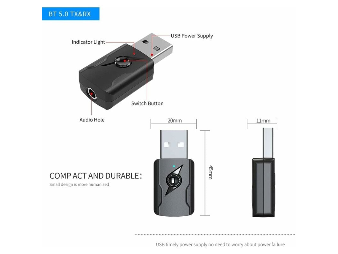 Adaptador Usb Bluetooth 5.0 com Cabo de Áudio 3,5 Mm para Pc, Tv, Carro, Alto falantes, Mp3 e Fones Ouvido Domésticos. AQUAFORGE