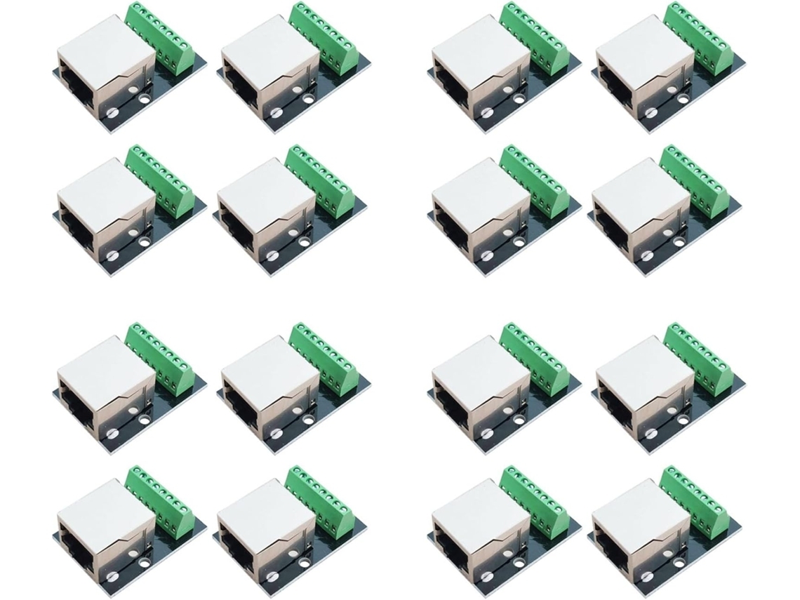 Placa De Breakout Com 16 Conectores Ethernet Rj45 E Terminais De 2,54 Mm.