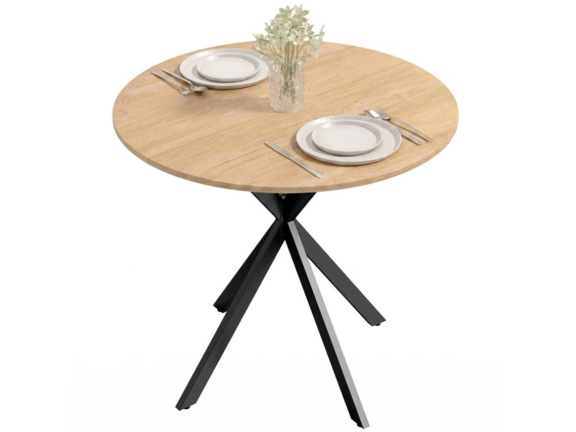 Mesa De Cozinha Redonda, 80 Cm, Tampo Compacto, Aglomerado, Metal, Carvalho Branco + Preto
