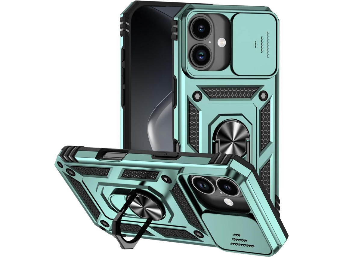 Capa AEUZWR com revestimento magnético verde, compatível com iPhone 17, protetor de câmera e suporte integrado, resistente a impactos.