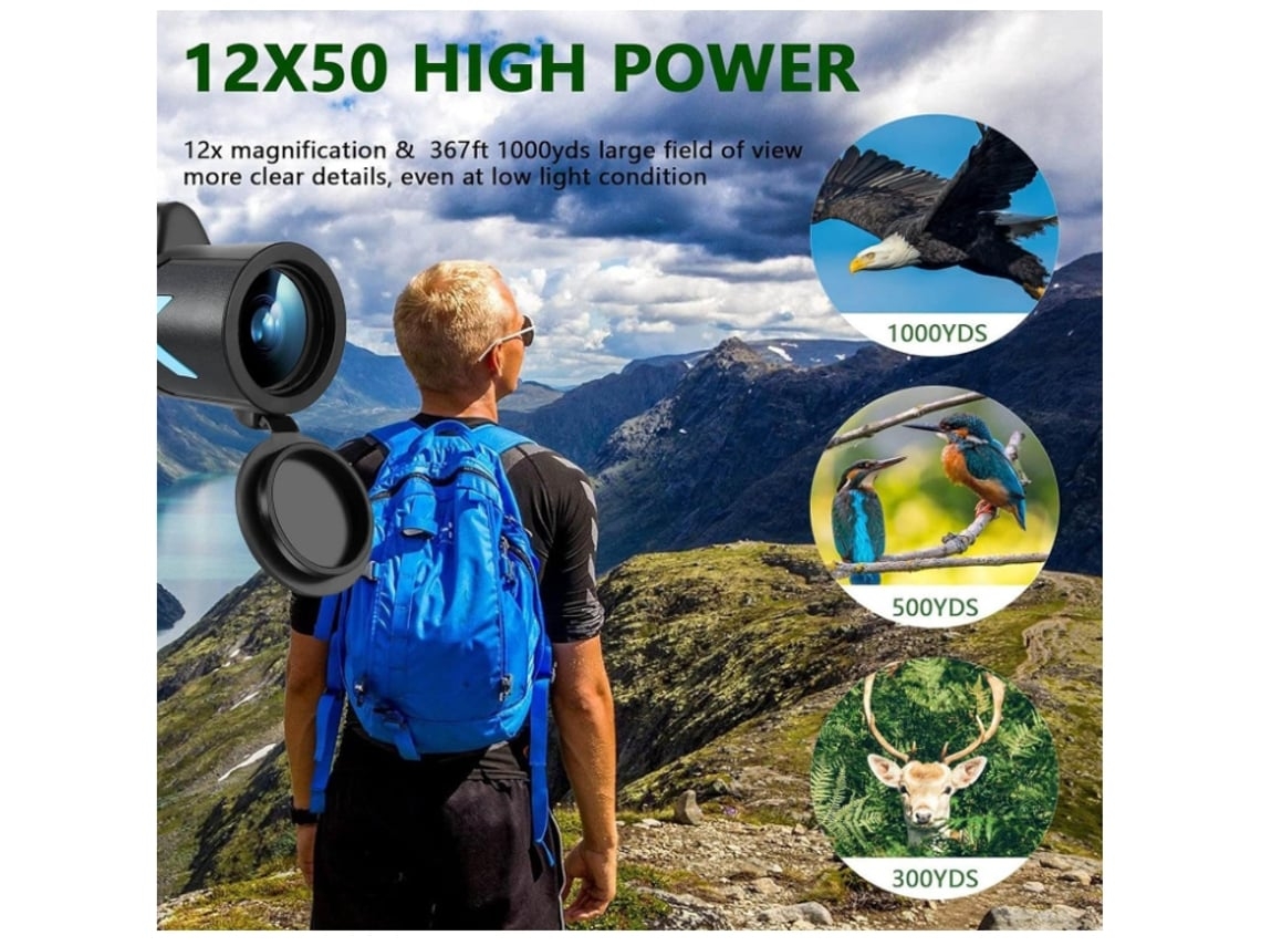 Monóculos 12x50 para Adultos Bak 4 Monóculos Hd À Prova Dágua de Alta Potência Escopo Compacto com Tripé e Adaptador de Telefone Preto USHION