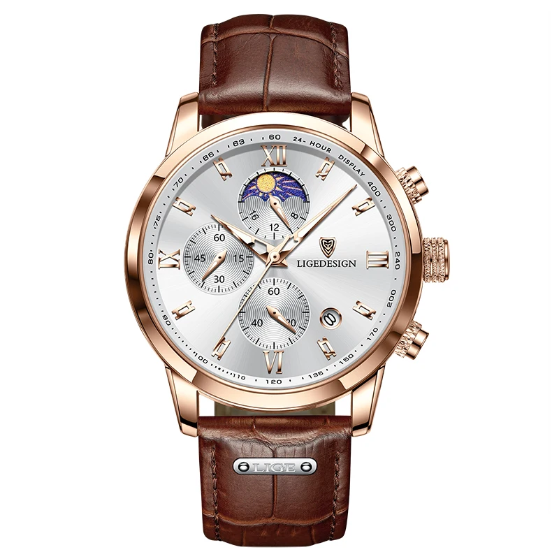 Relógio Esportivo De Luxo Em Couro, À Prova D'água, Com Cronógrafo E Movimento De Quartzo (dourado E Branco).