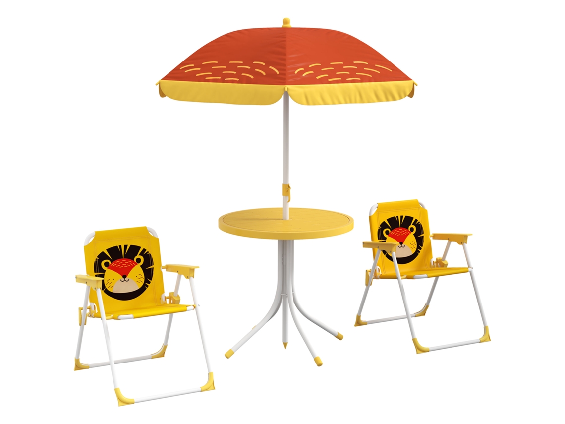 Conjunto de 2 Cadeiras Dobráveis e Mesa para Crianças com Tema de Guarda chuva de Altura Ajustável para Amarelo Jardim Ge