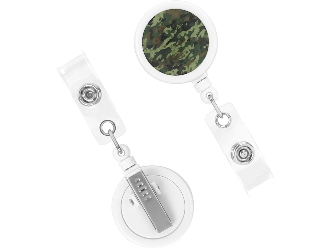 Porta-chaves retrátil, resistente, camuflagem militar verde, com clipes para chaveiro.