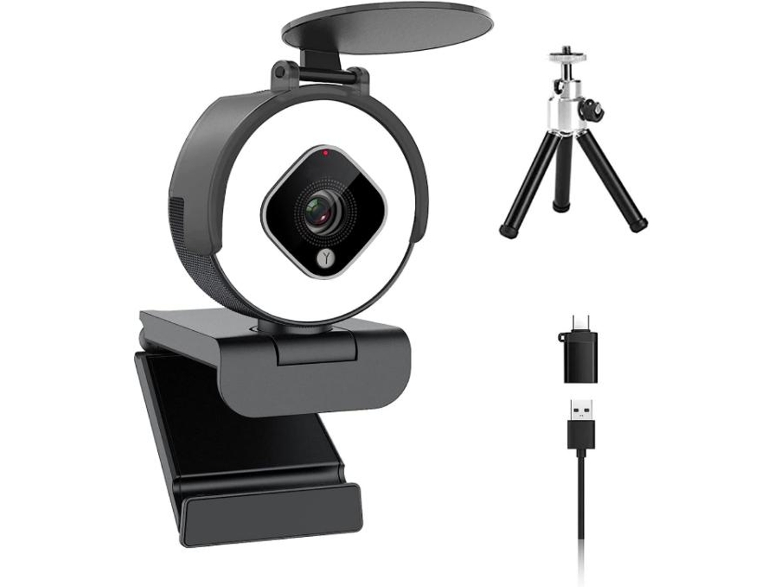 Webcam 1080p, Câmera De Computador 60fps Com Microfone E Ring Light, Hd Web Cam Para Pc De Mesa E Laptop, Yizhood (preta)