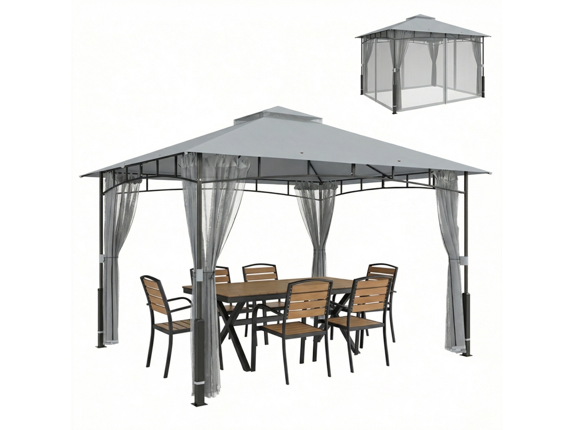 Carpa Para Jardim Com Telhado Duplo Gazebo Com Paredes De Rede Upf50+ Para Exterior Terraço 360x300x275 Cm Cinzento