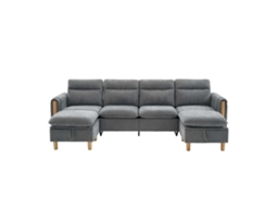 Sofá Modular U 4 Lugares Com 2 Pufes De Arrumação, Design Modular E Chenille Cinzento Claro