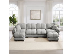Sofá De Canto U 4 Lugares Em Chenille Com 2 Pufes Móveis, Design Acolchoado E Encosto Ergonómico, Cinzento Claro