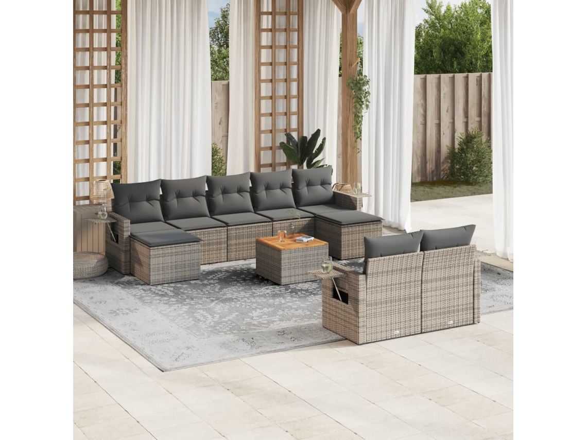 Vidaxl 10 Pcs Conjunto Sofás De Jardim C/ Almofadões Vime Pe Cinzento
