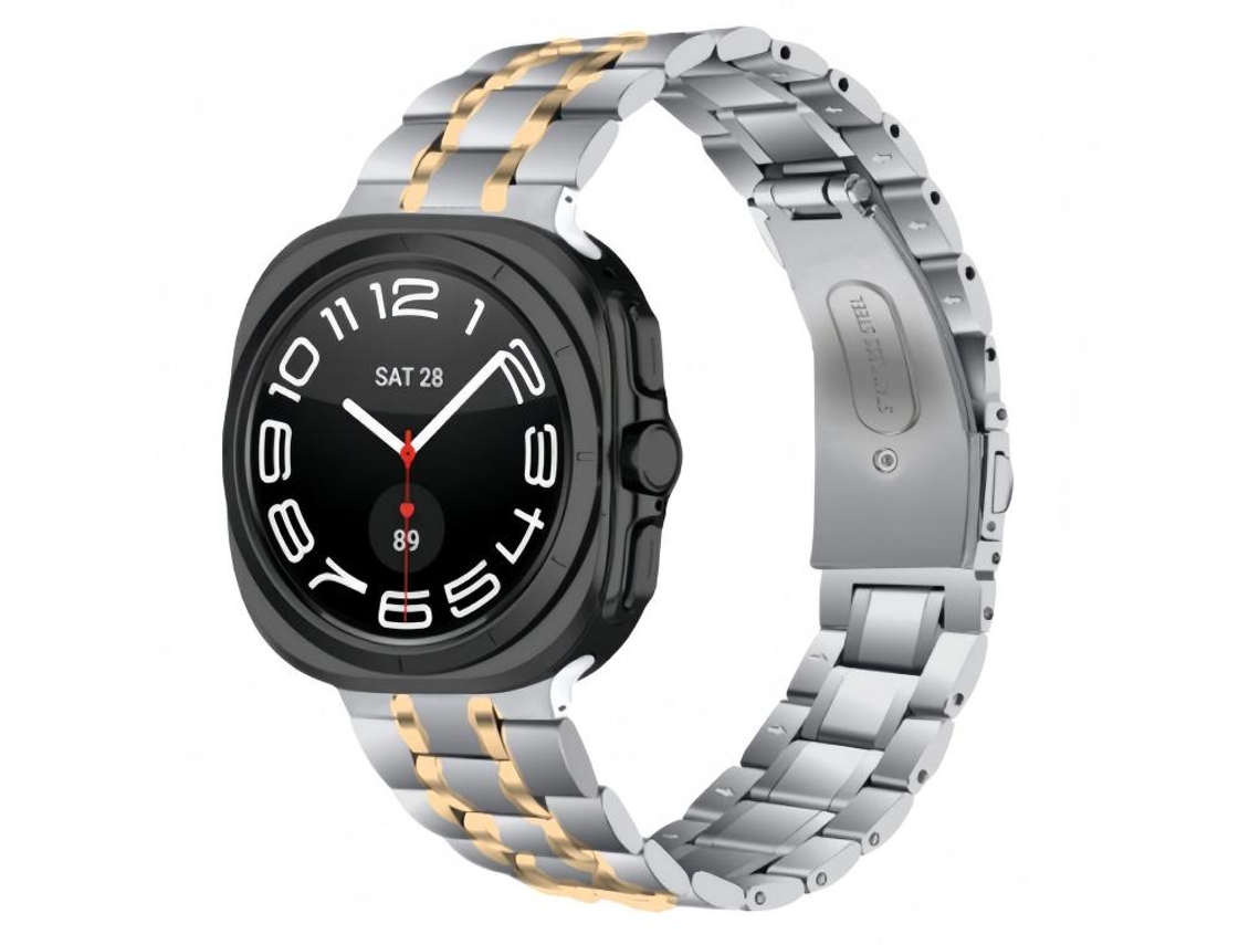 Bracelete Para Samsung Galaxy Watch Ultra 2025 - Aço Inoxidável Cinco Contas - Prata E Ouro Rosa