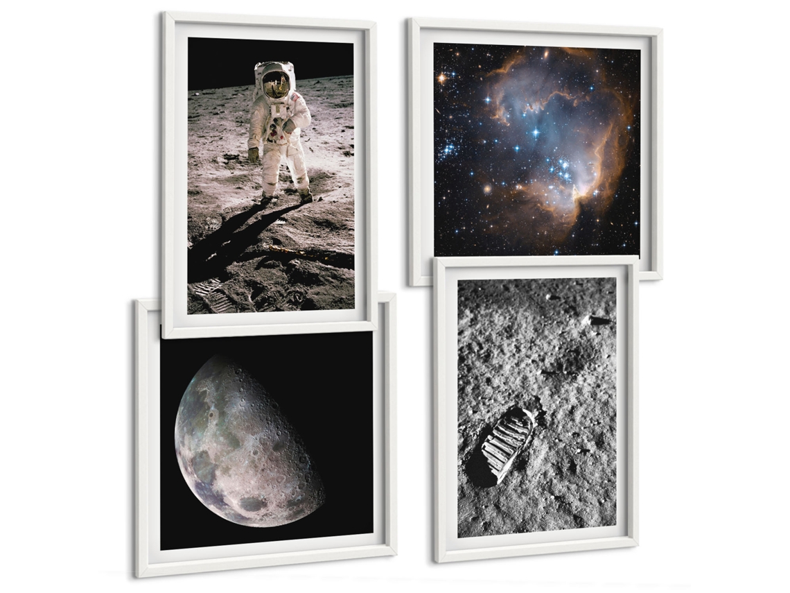 Quadros Decorativos Para Parede Foto De Astronauta E Lua Moldura Branca Quadros Para A Sala De Estar Espelharte (conjunto De 4 Imagens)