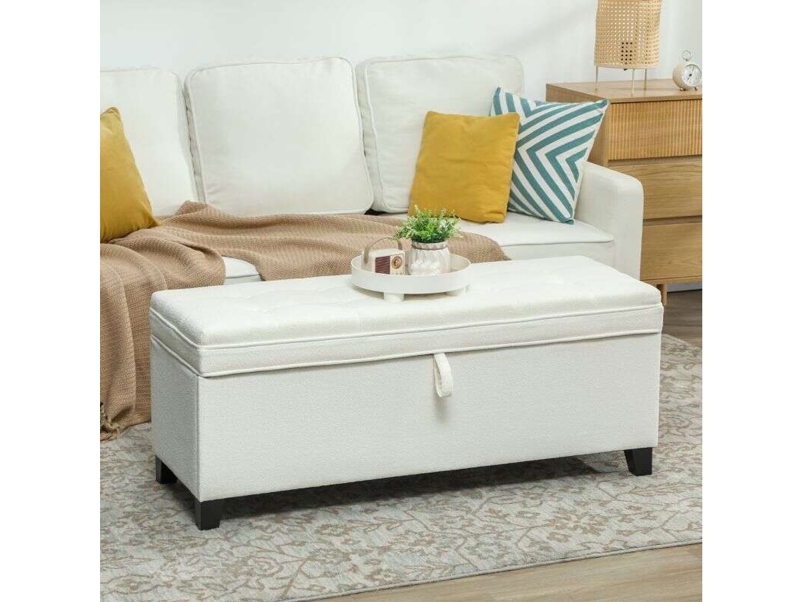 Banco De Arrumação 112l, Banco Para Pé De Cama Em Tecido Linho, Assento Acolchoado, 120 X 40 X 48 Cm, Creme.