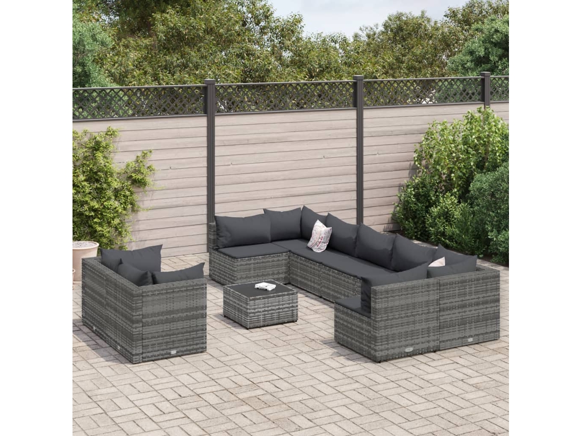 10 Pcs Conjunto Sofás De Jardim C/ Almofadões Vime Pe Cinza Dkd Home Decor