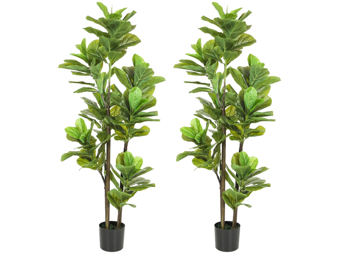 Conjunto 2 Plantas Artificiais Figueira Lira 150cm Com Vaso Cimento, Decoração Interna Na Cor Verde