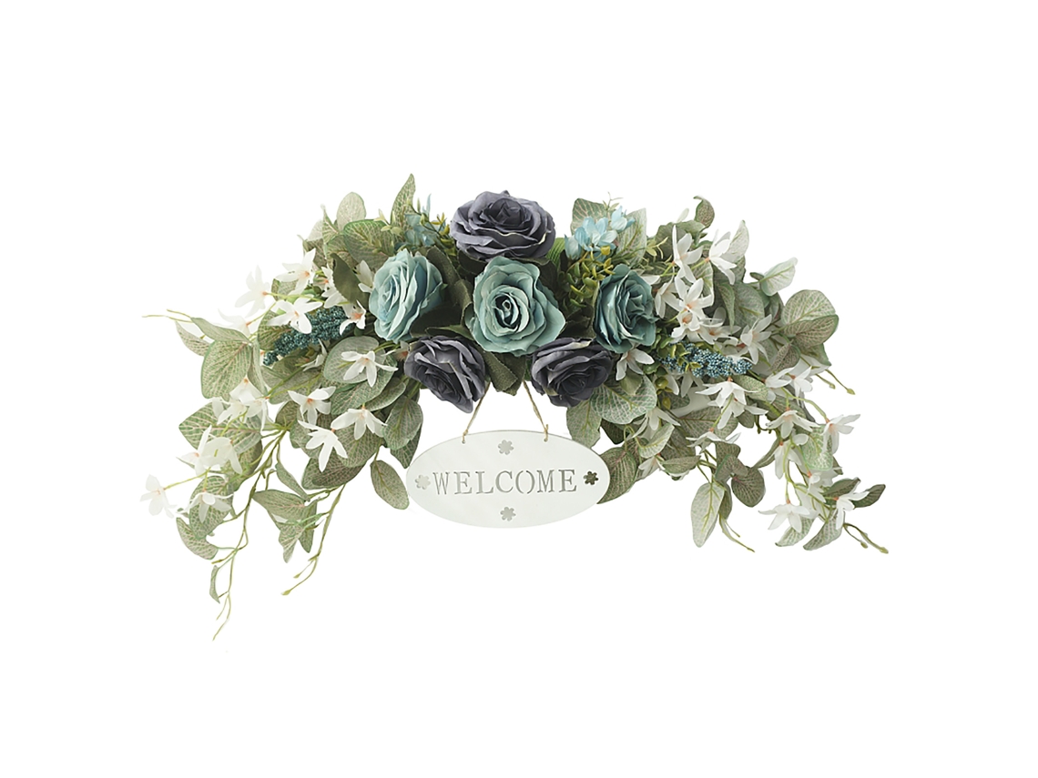Placa de Boas vindas Europeia com Rosas e Orquídea Oncidium Lintel Azul Retro