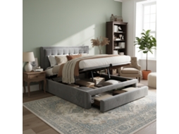 Cama 140x190 Veludo Cinza Com Baú E Gavetas