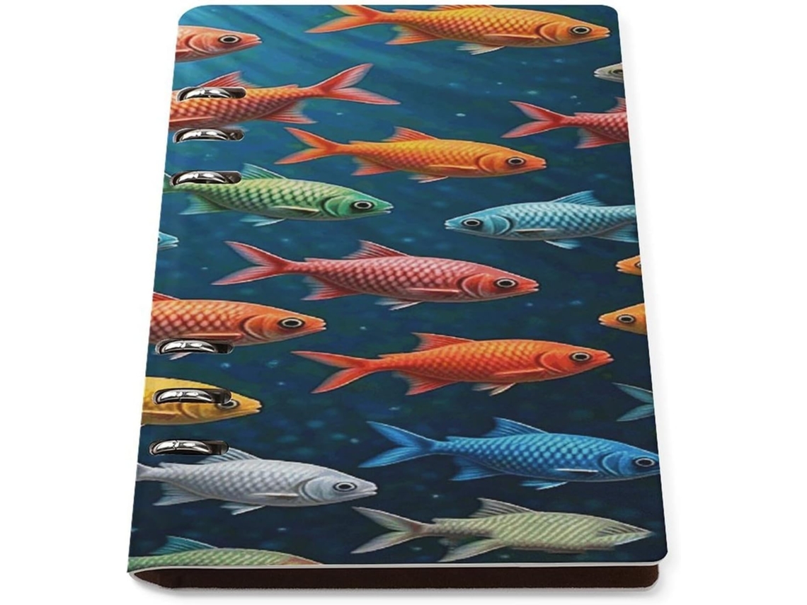 Caderno De Anotações Colorful Fish A5 Com 6 Argolas, Espiral Profissional Com Capa De Couro Pautado, Pastas