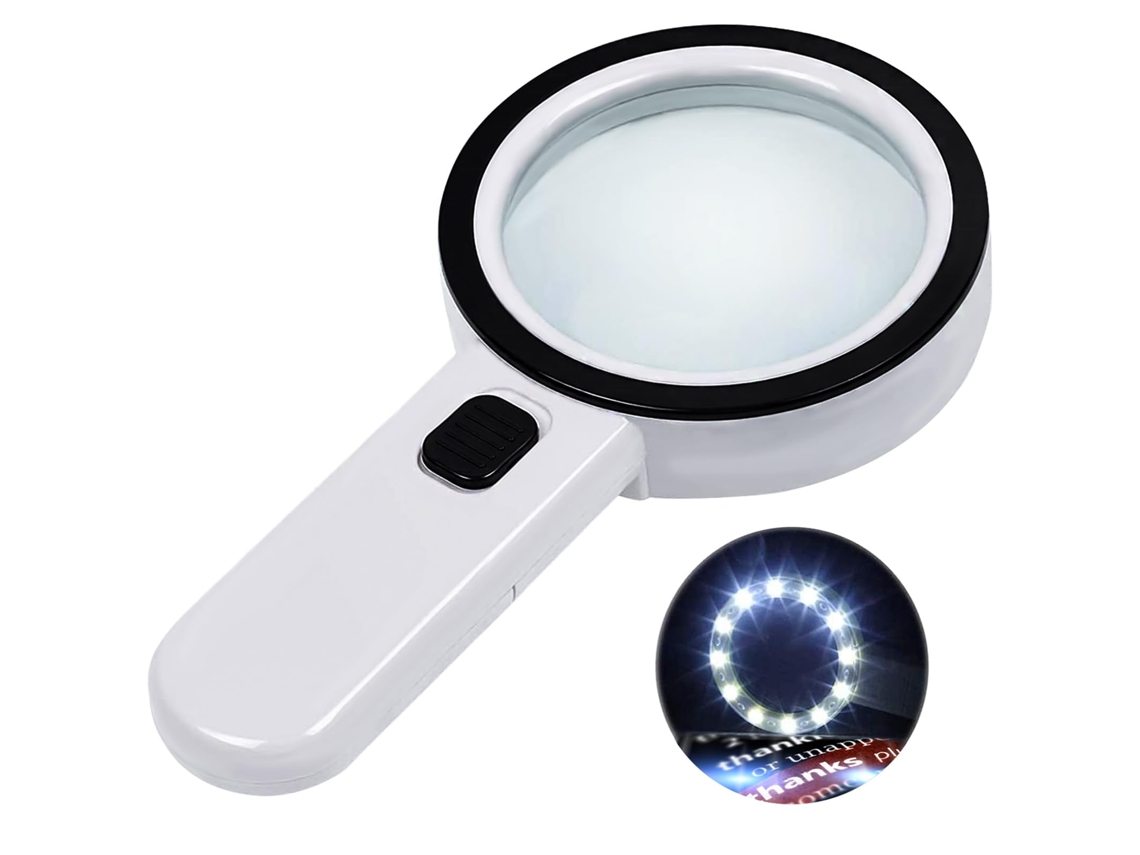 Lupa de Leitura com 12 Luzes Led, Lente Dupla com Ampliação de 30x. Ideal para Leitura Fácil Moedas BRILVIBERA