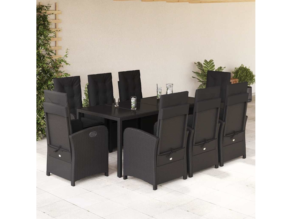 Vidaxl 9 Pcs Conjunto De Jantar P/ Jardim C/ Almofadões Vime Pe Preto